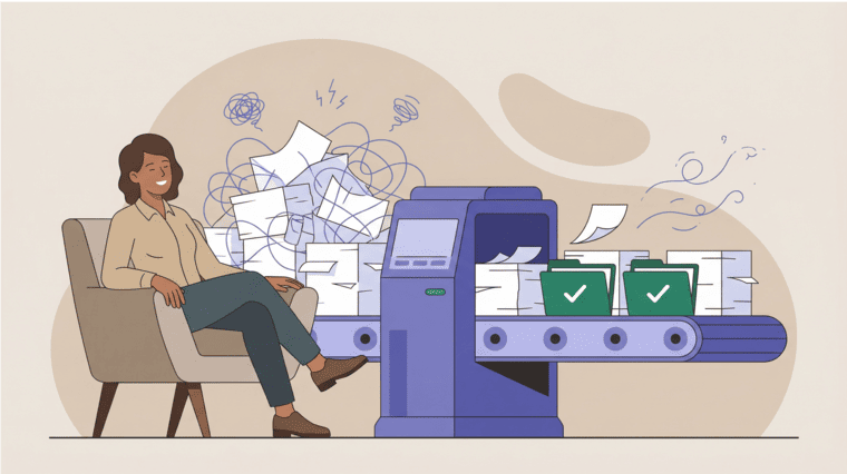 Illustration of a person relaxing while documents are automatically organized by AI