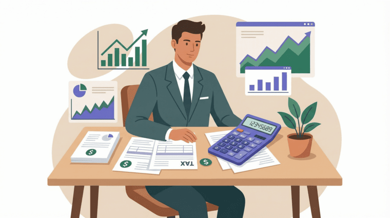 Illustration of a professional reviewing tax documents and financial charts at a desk